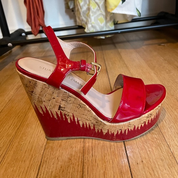 Stuart Weitzman Red Flame Painted Patent Cork Wedge Heel - Picture 5 of 17